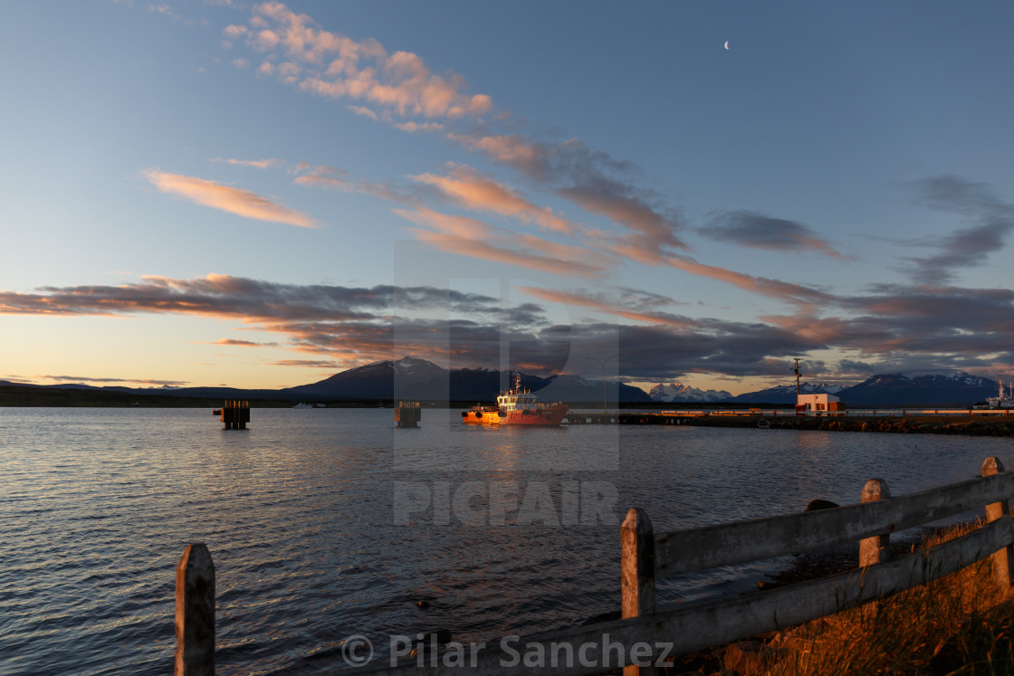 "Sunset, Puerto Natales waterfront, Patagonia, Chile" stock image