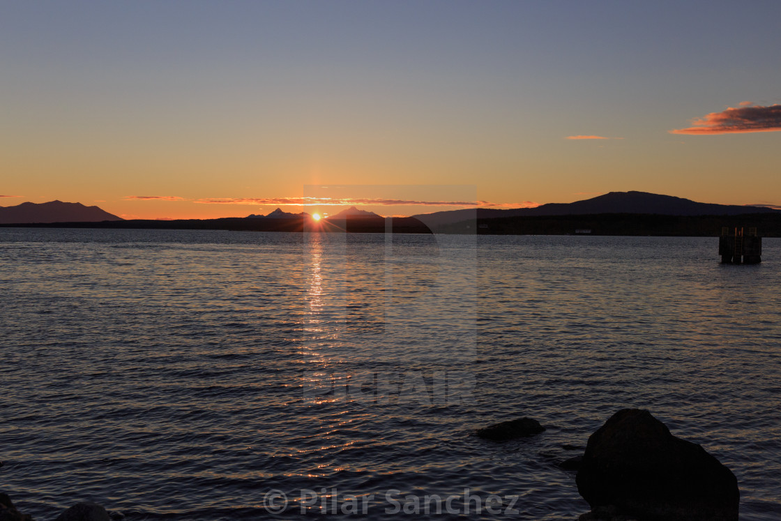 "Sunset, Puerto Natales waterfront, Patagonia, Chile" stock image