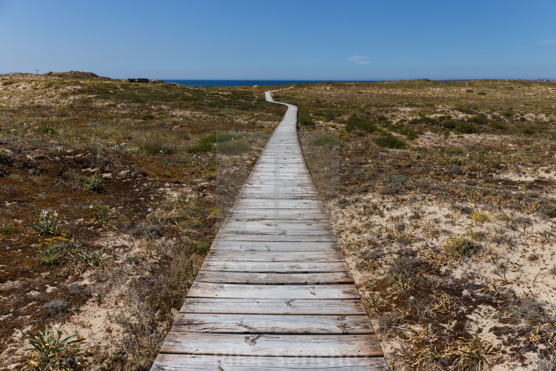 "Wooden path to Vilar beach, Corrubedo, Galicia, Spain" stock image