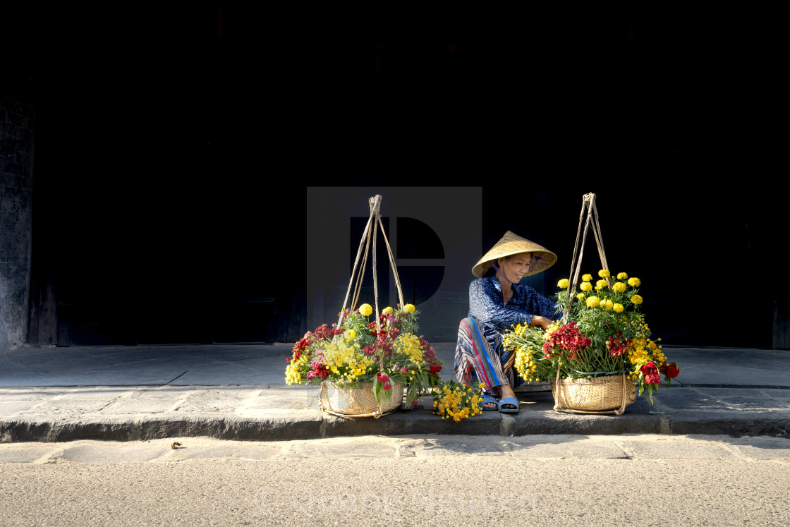 "a woman selling flowers on a pair of bamboo frames in Hoi An Ancient Town, Quang Nam Province, Vietnam" by Quang Nguyen - $43.35 "a woman selling flowers on a pair of bamboo frames in Hoi An Ancient Town, Quang Nam Province, Vietnam" stock image