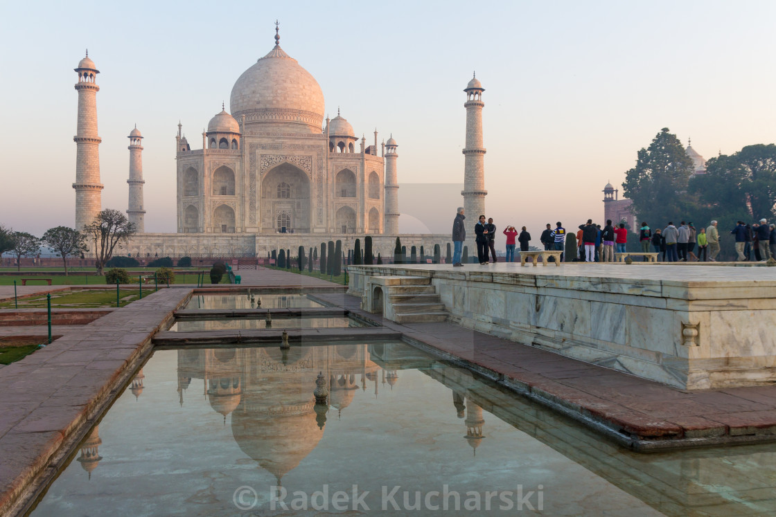 "Taj Mahal and its reflection with tourists at the central platform" stock image