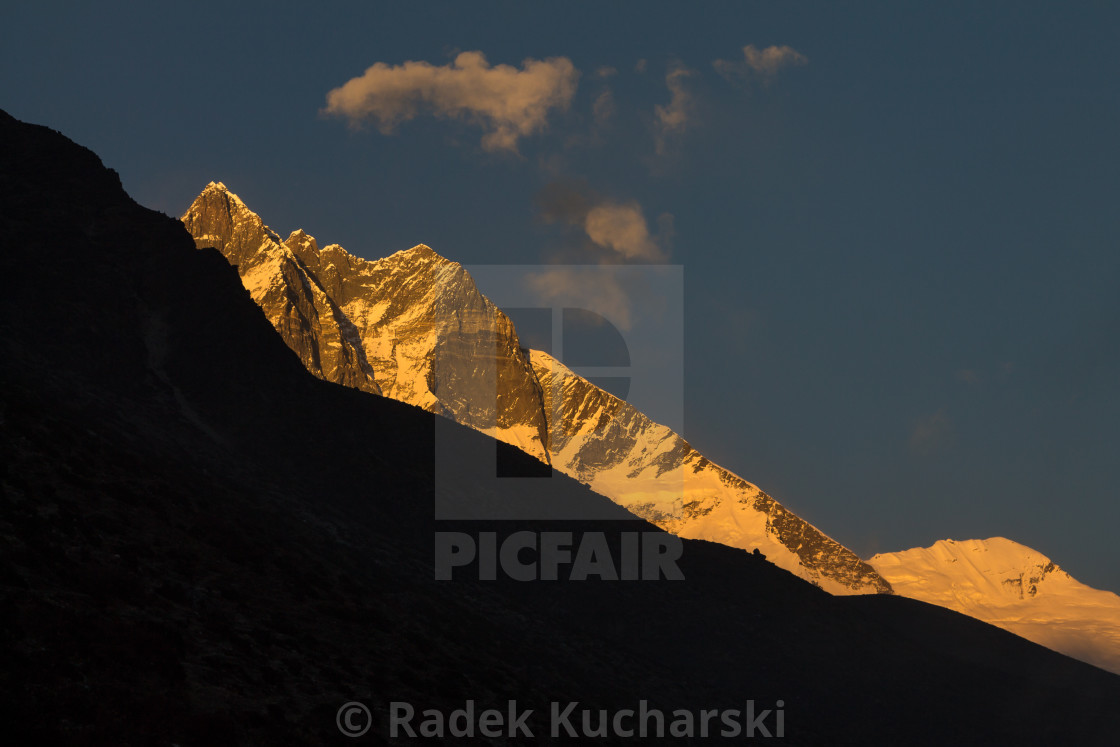 "Lhotse South Face at sunset seen from the Imja Khola valley" stock image