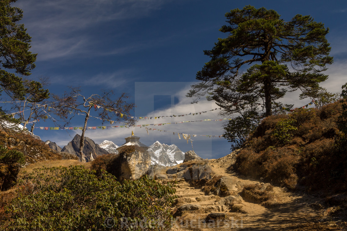 "Everest & Lhotse seen from a pass above Namche Bazaar" stock image