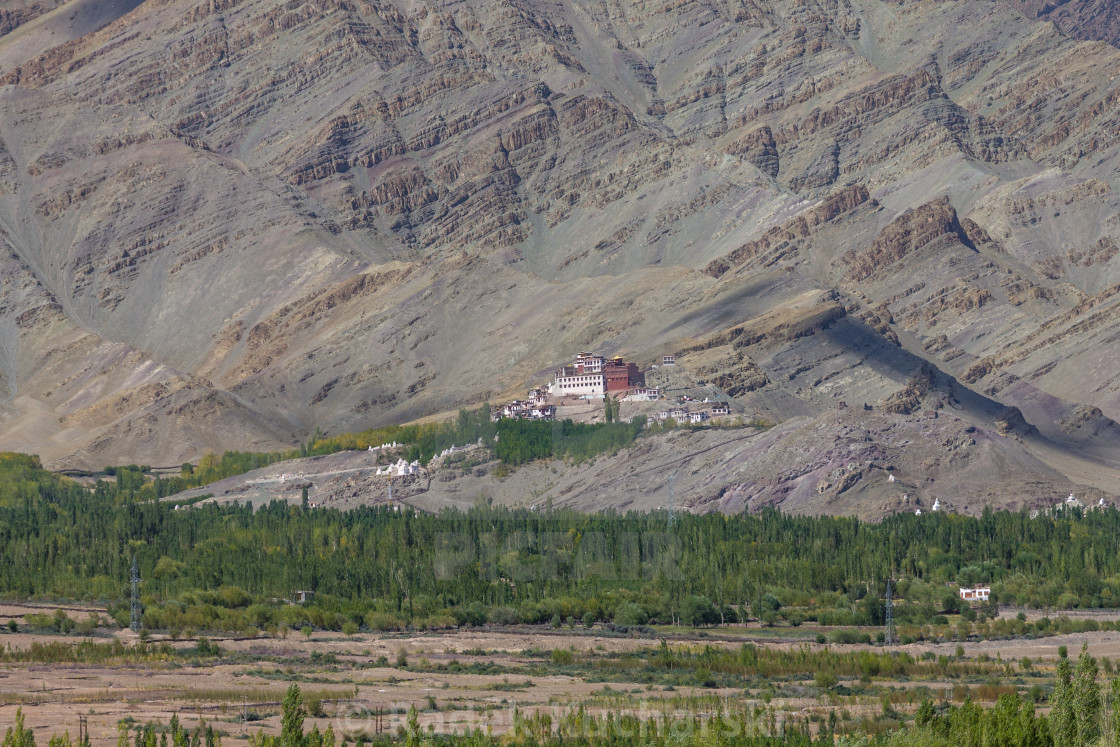 "Matho Monastery and the sedimentary rocks of Zanskar Mountains behind it" stock image