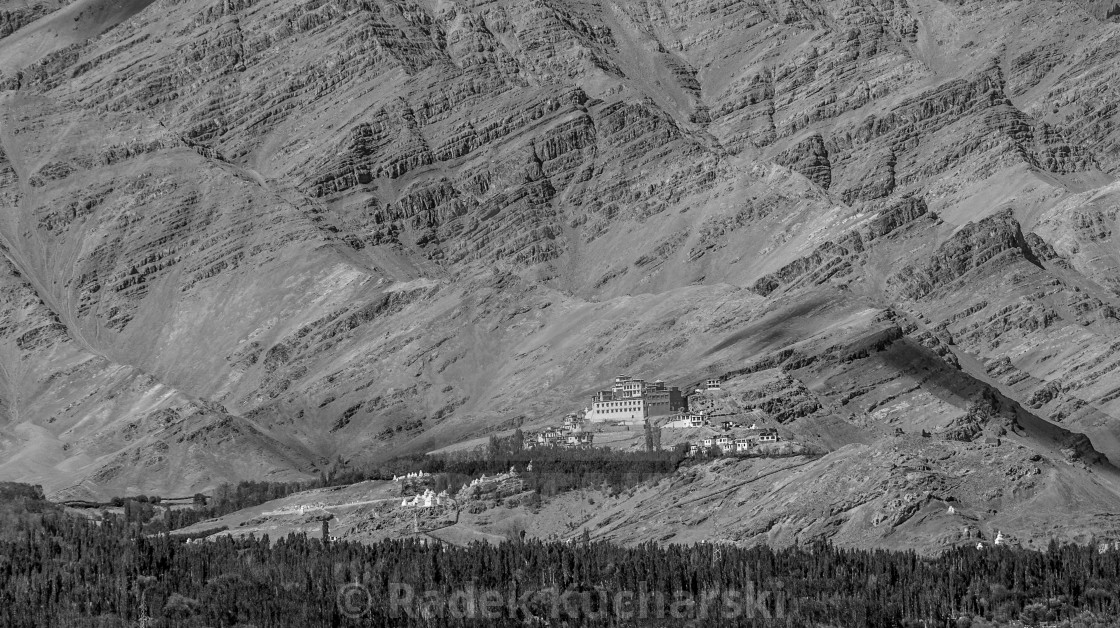 "Matho Monastery and the Zanskar Mountains' rock layers in B&W" stock image