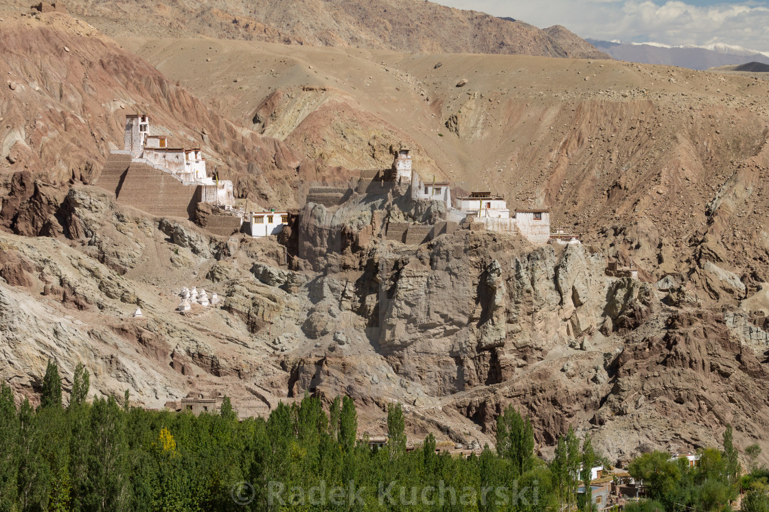 "The fortress monastery high above the Basgo village" stock image