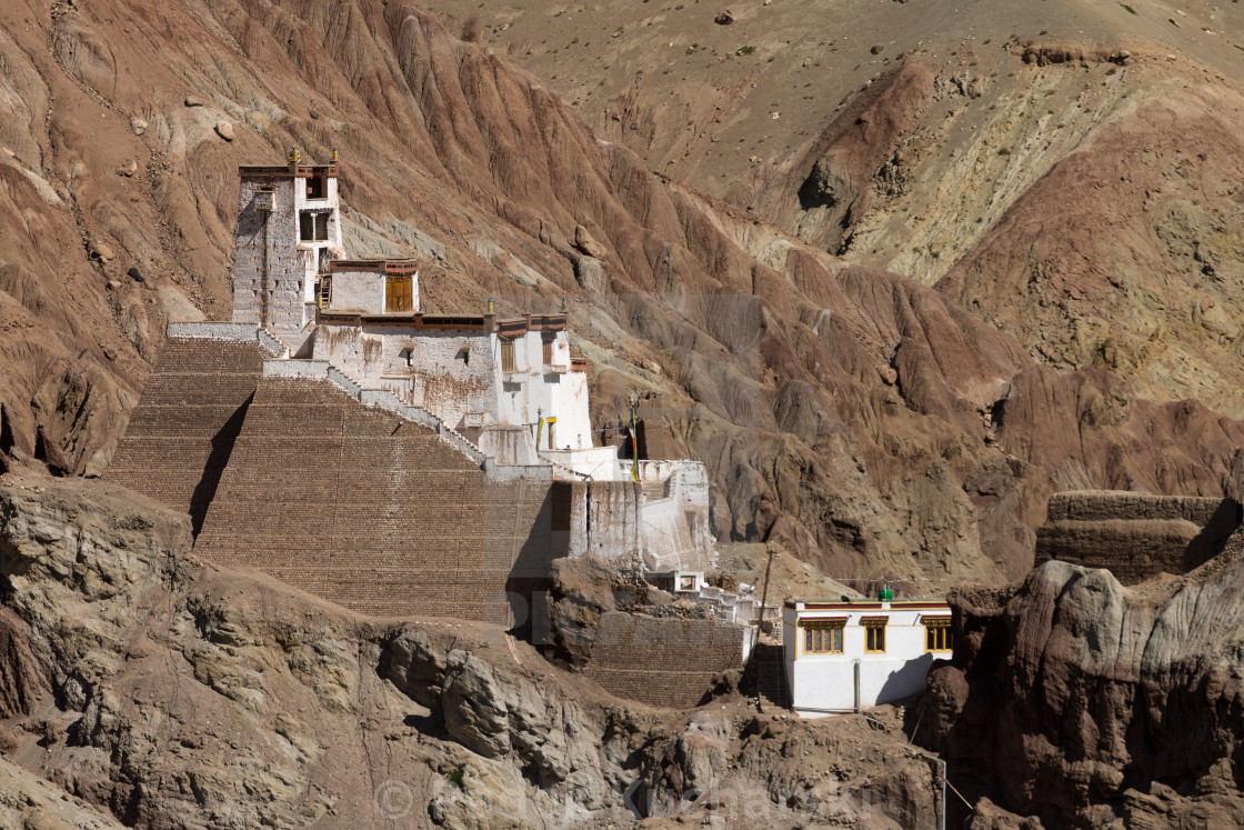 "The fortress monastery high above the Basgo village, Ladakh" stock image