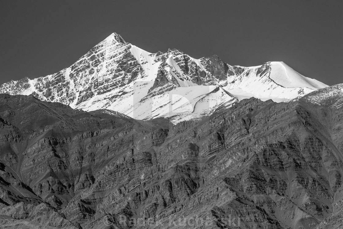 "Stok Kangri (6153m) as seen from Shey village. A grayscale image." stock image