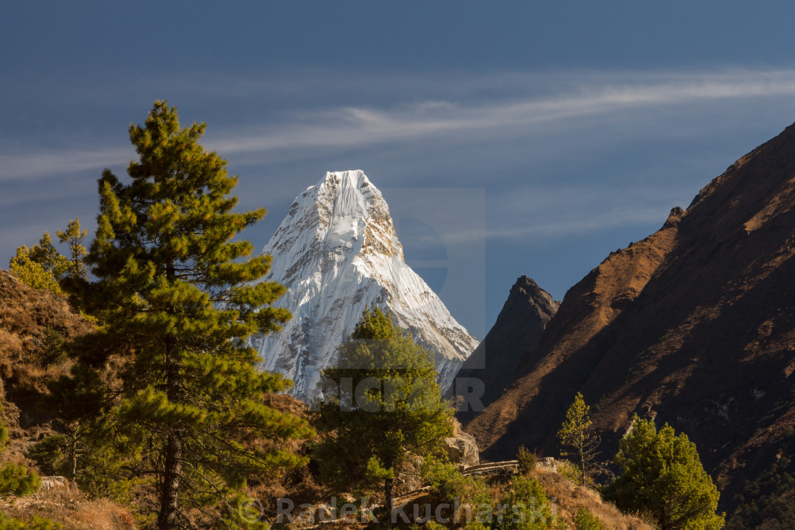 "Ama Dablam - view from the trekking route above Namche Bazaar" stock image