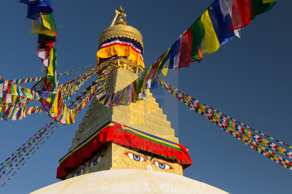 "The golden spire of the Boudha Stupa in Kathmandu" stock image