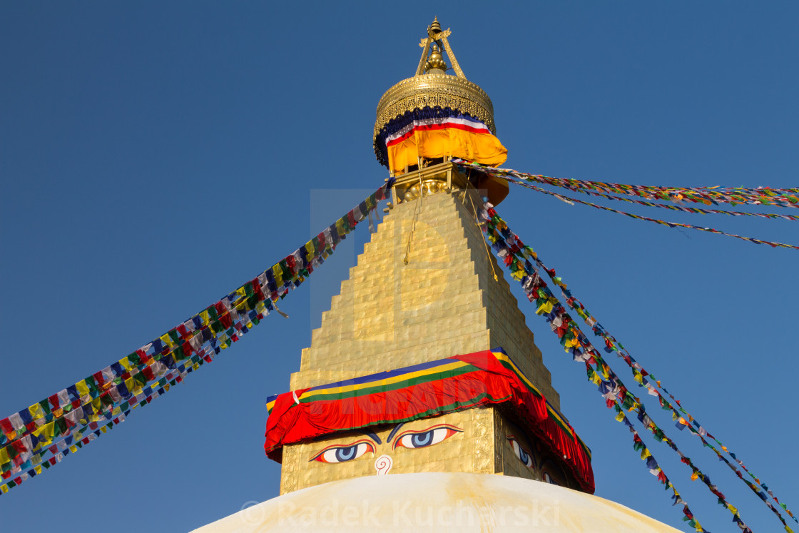 "The golden spire of the Boudha Stupa in Kathmandu" stock image