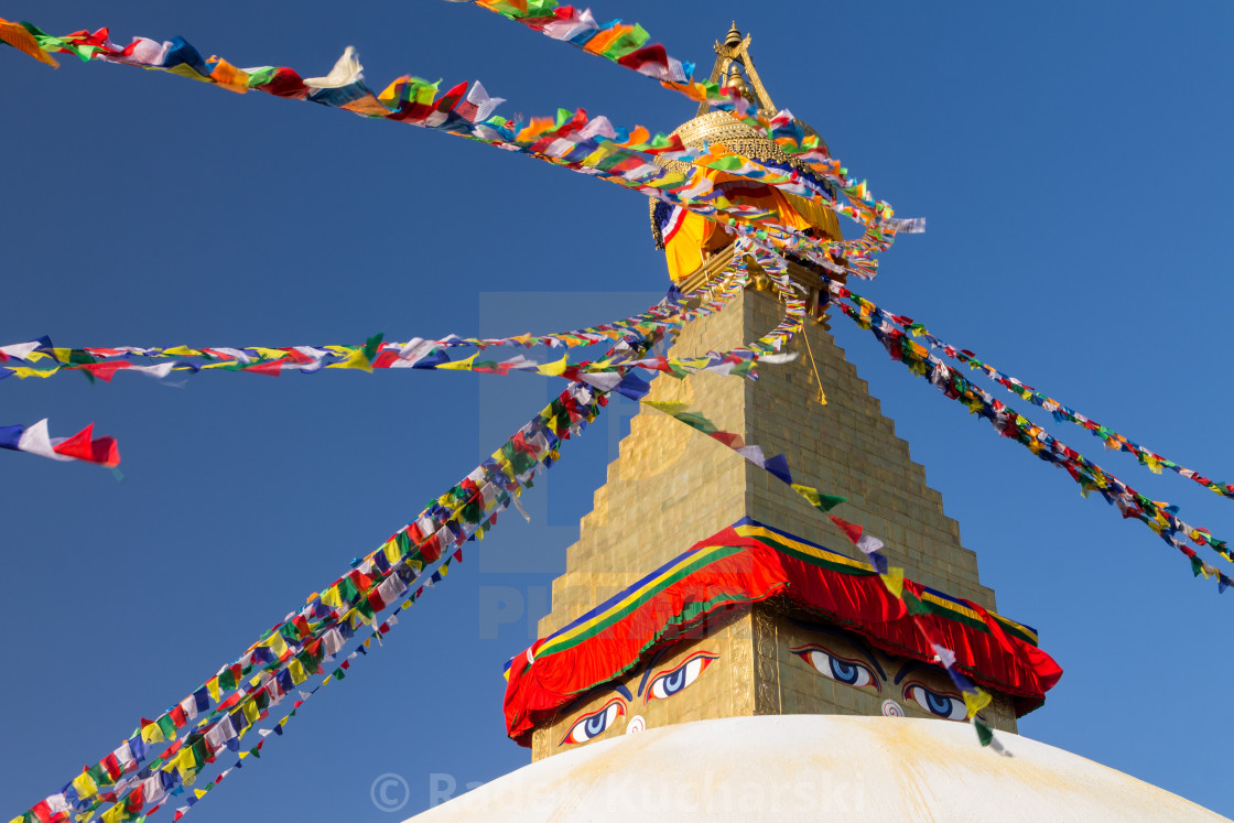 "The golden spire of the Boudha Stupa in Kathmandu" stock image