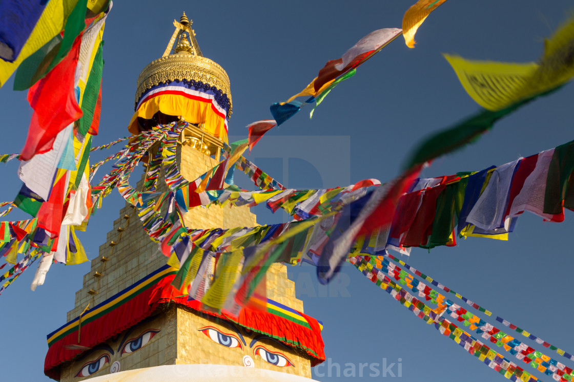 "The golden spire of the Boudha Stupa in Kathmandu" stock image