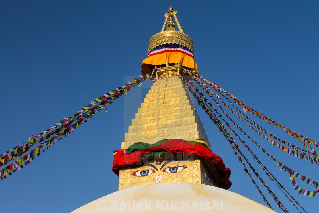 "The golden tower and the dome of Boudhanath (Boudha Stupa) in Kathmandu" stock image