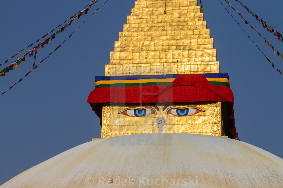 "The golden tower and the dome of Boudhanath (Boudha Stupa) in Kathmandu" stock image