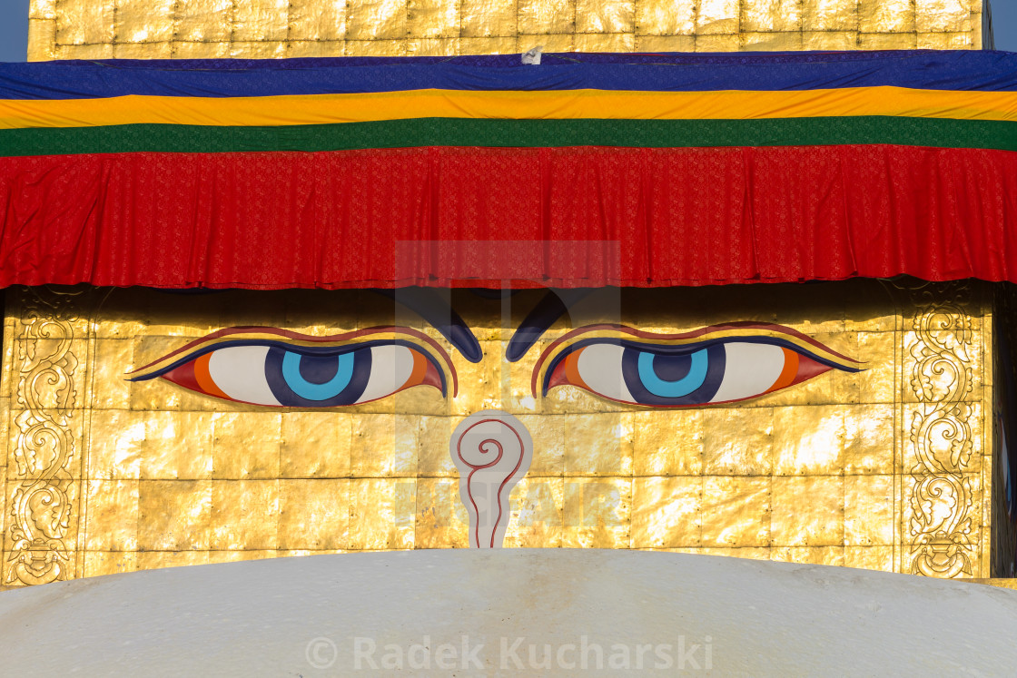 "Buddha's eyes on the golden tower of the Boudha Stupa in Kathmandu" stock image