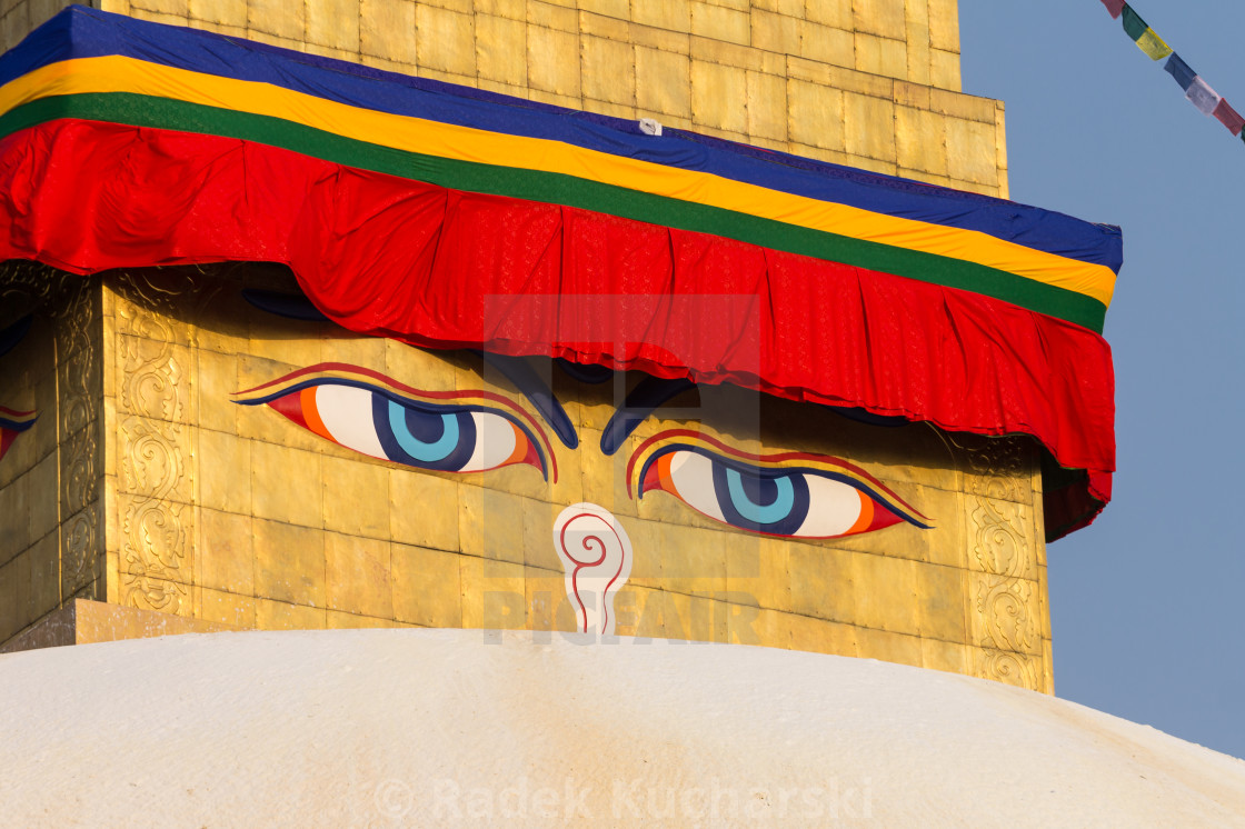 "Buddha's eyes on the golden tower of the Boudha Stupa in Kathmandu" stock image