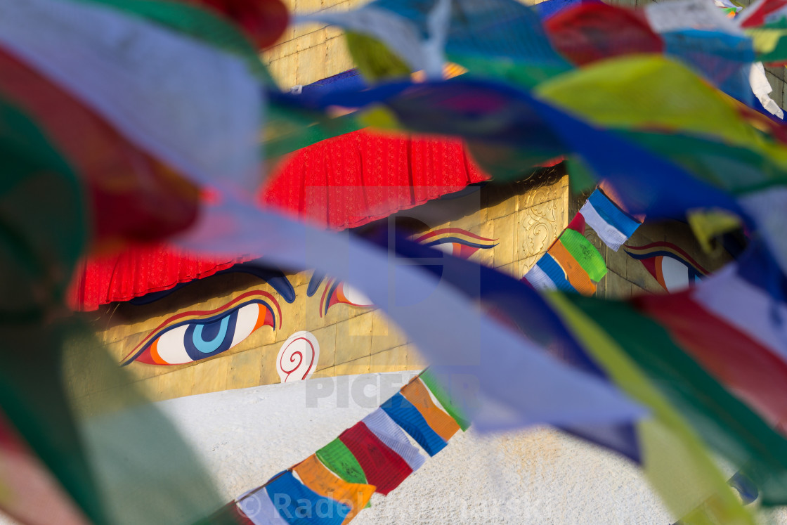 "Buddha's eyes on the golden tower of the Boudha Stupa in Kathmandu" stock image