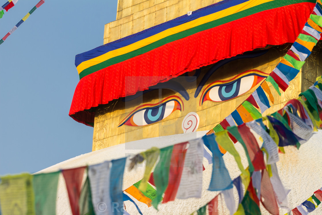 "Buddha's eyes on the golden tower of the Boudha Stupa in Kathmandu" stock image