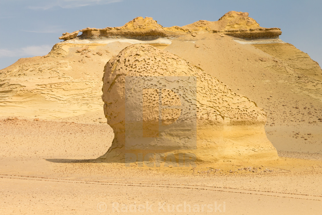 "Boulders shaped by the wind erosion at Wadi al-Hitan, the Whale Valley in the Sagara desert" stock image