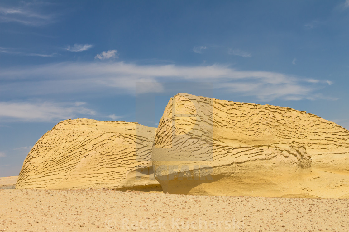 "Boulders shaped by the wind erosion at Wadi al-Hitan, the Whale Valley, Sahara" stock image