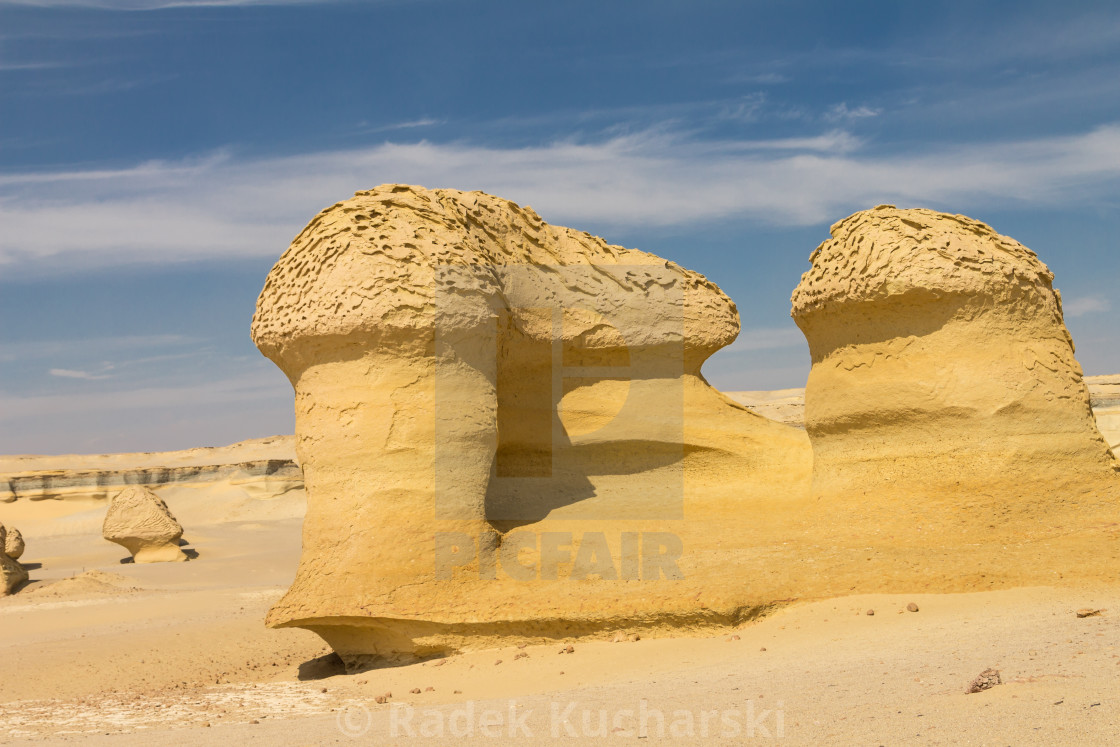 "Boulders shaped by the wind erosion at Wadi al-Hitan, the Whale Valley in Egypt" stock image