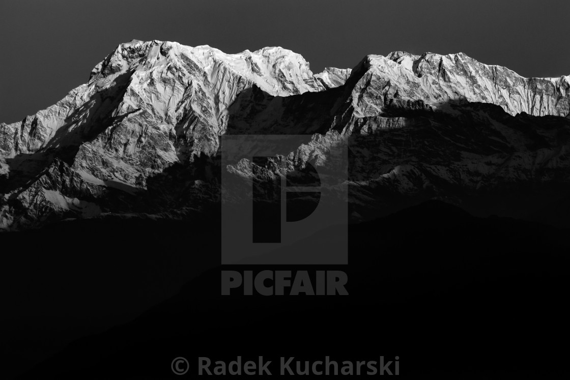 "Annapurna Massif seen from Sarangkot in greyscale" stock image