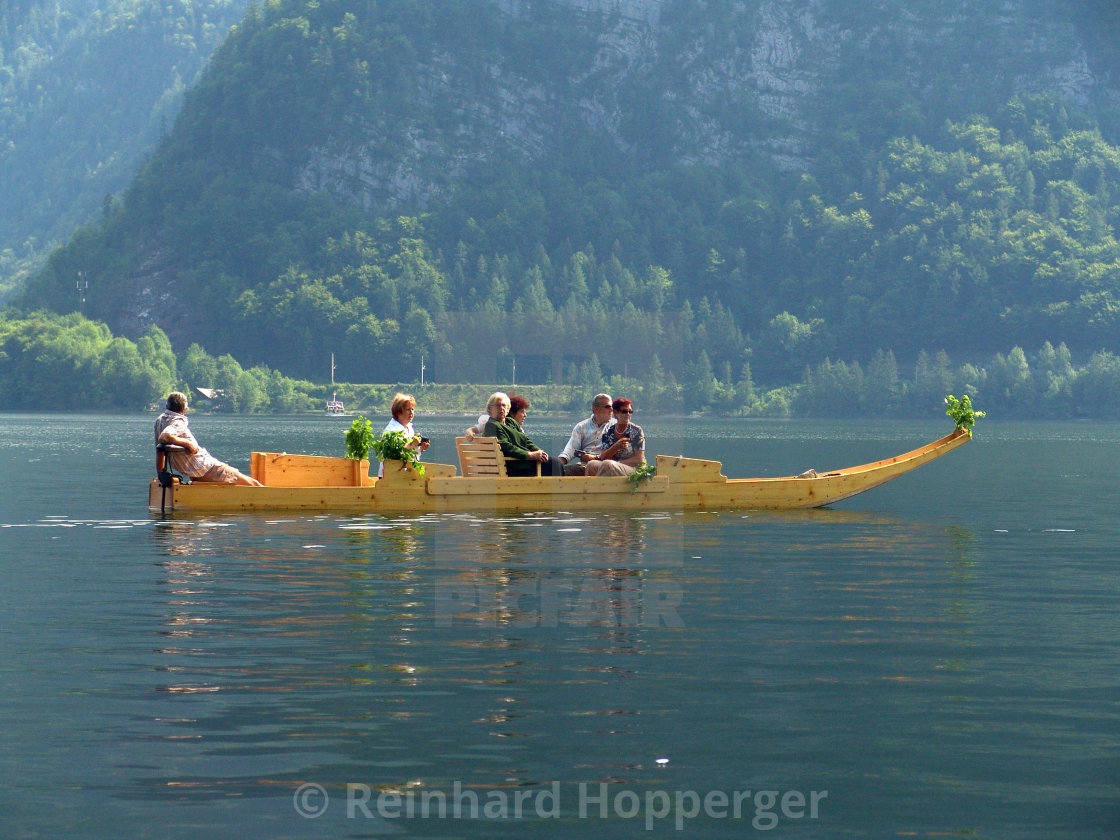 "Boat on lake Hallstaettersee in the Austrian Salzkammergut region" stock image