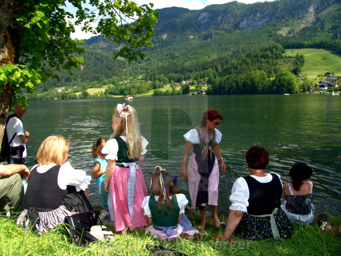 "A group of people dressed in traditional Austrian Dirndls in Bad Aussee Austria" stock image