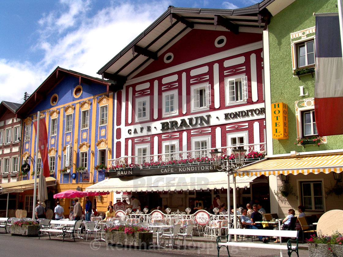 "Cafe Braun in front of the Sound Of Music Wedding Chapel in Mondsee, Austria" stock image