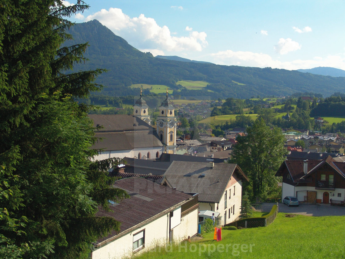 "Interesting view of the Sound Of Music Wedding Chapel in Mondsee, Austria" stock image