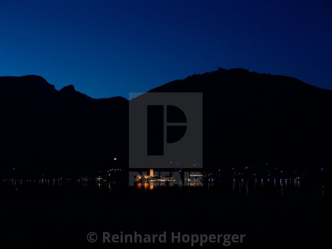 "A night shot of St.Wolfgang across lake Wolfgang" stock image