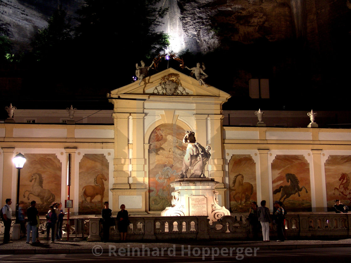 "Horse bath, Karajan place in Salzburg by night" stock image