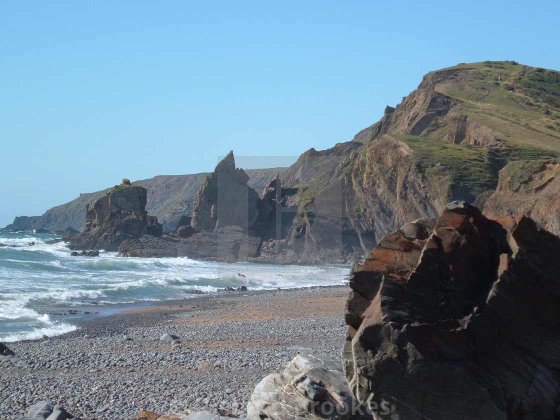 "ROCKS AT SANDYMOUTH BEACH CORNWALL" by Richard Brookes - $18.07 "ROCKS AT SANDYMOUTH BEACH CORNWALL" stock image