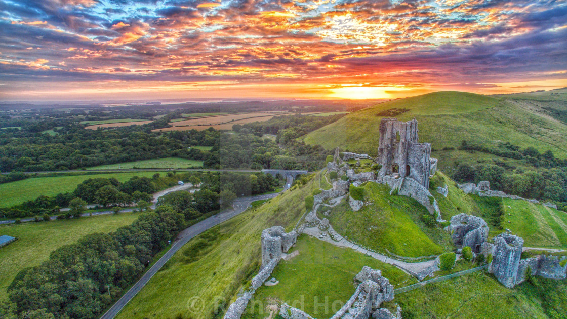 "Corfe Castle sunrise" stock image