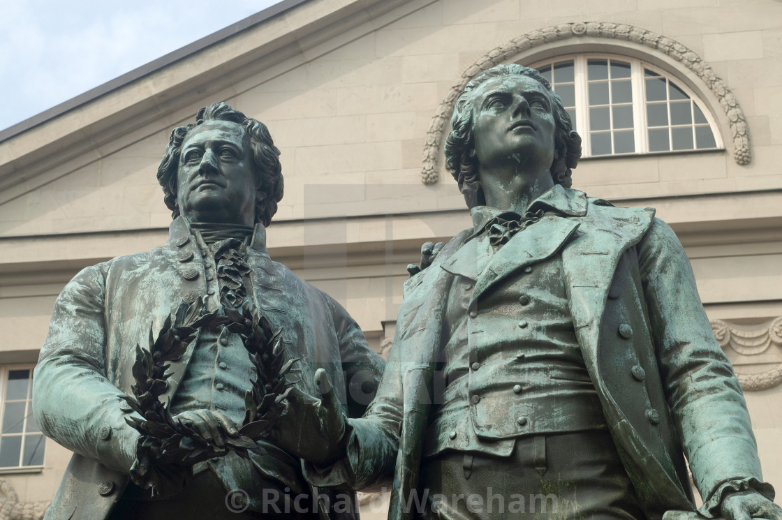 "Weimar Germany Goethe–Schiller Monument circa 2006 covered in Verdigris..." stock image