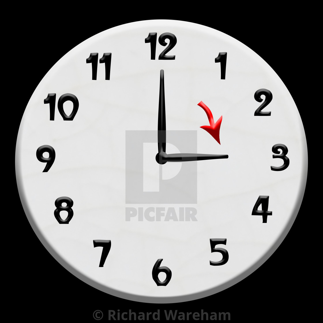 "Digital composite. Clock face showing 3 o’clock with an arrow pointing to the hour hand at three. On the 31st March 2024 Central European Summer Time aka Central European Daylight Time is observed f" stock image