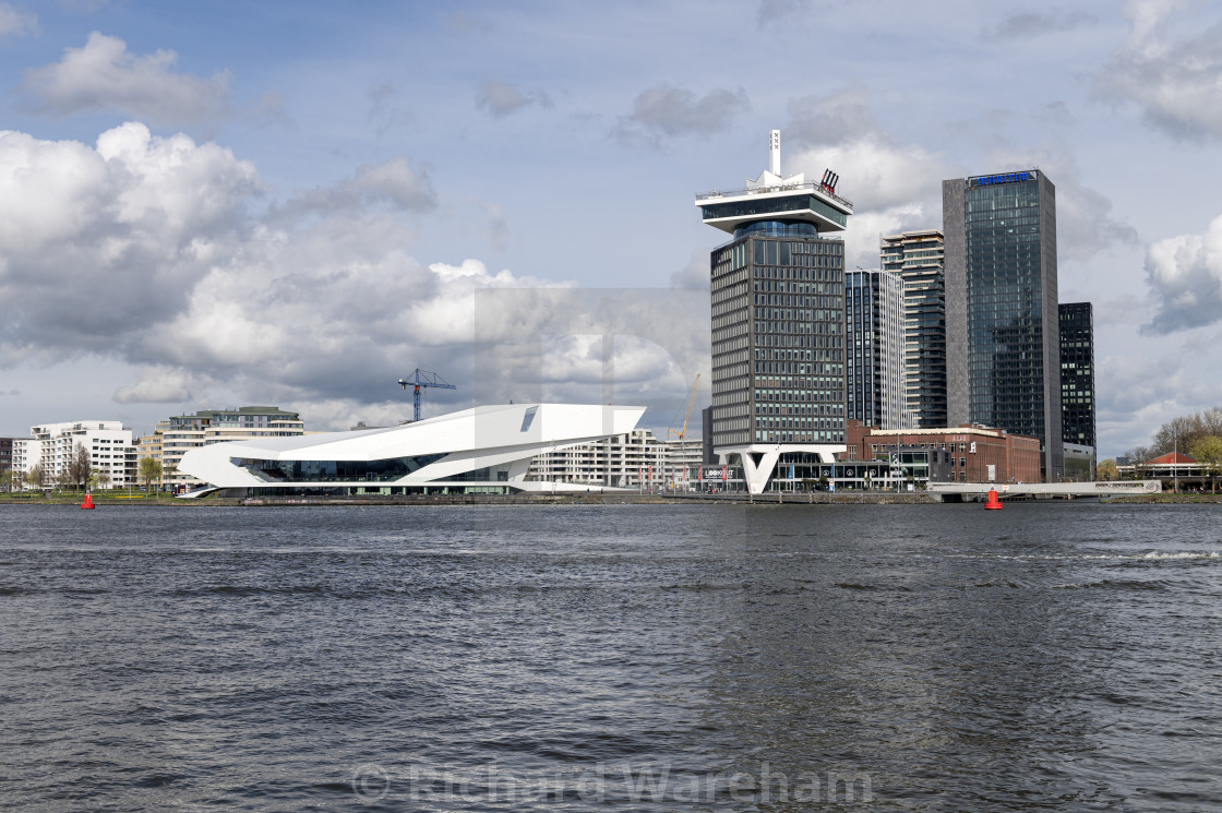 "Amsterdam The Netherlands March 2024 View across het Ij waterway to Eye Filmmuseum and the A’dam Toren Tower" stock image