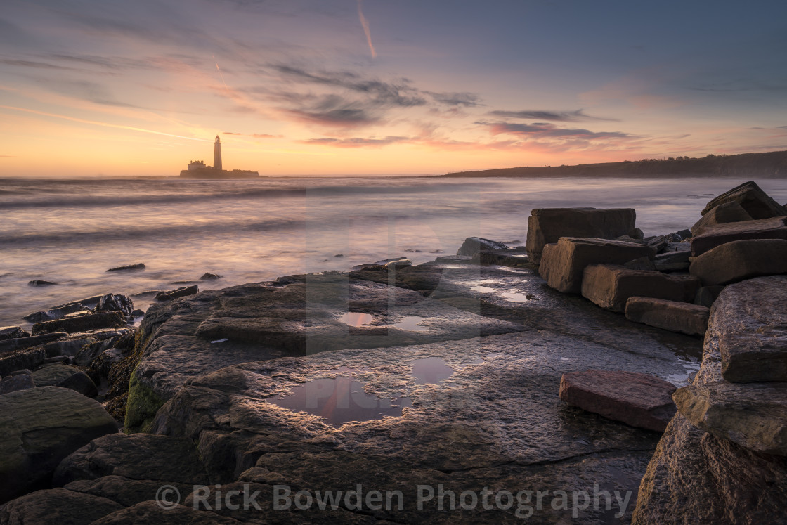 "St Mary's Lighthouse Sunrise" stock image