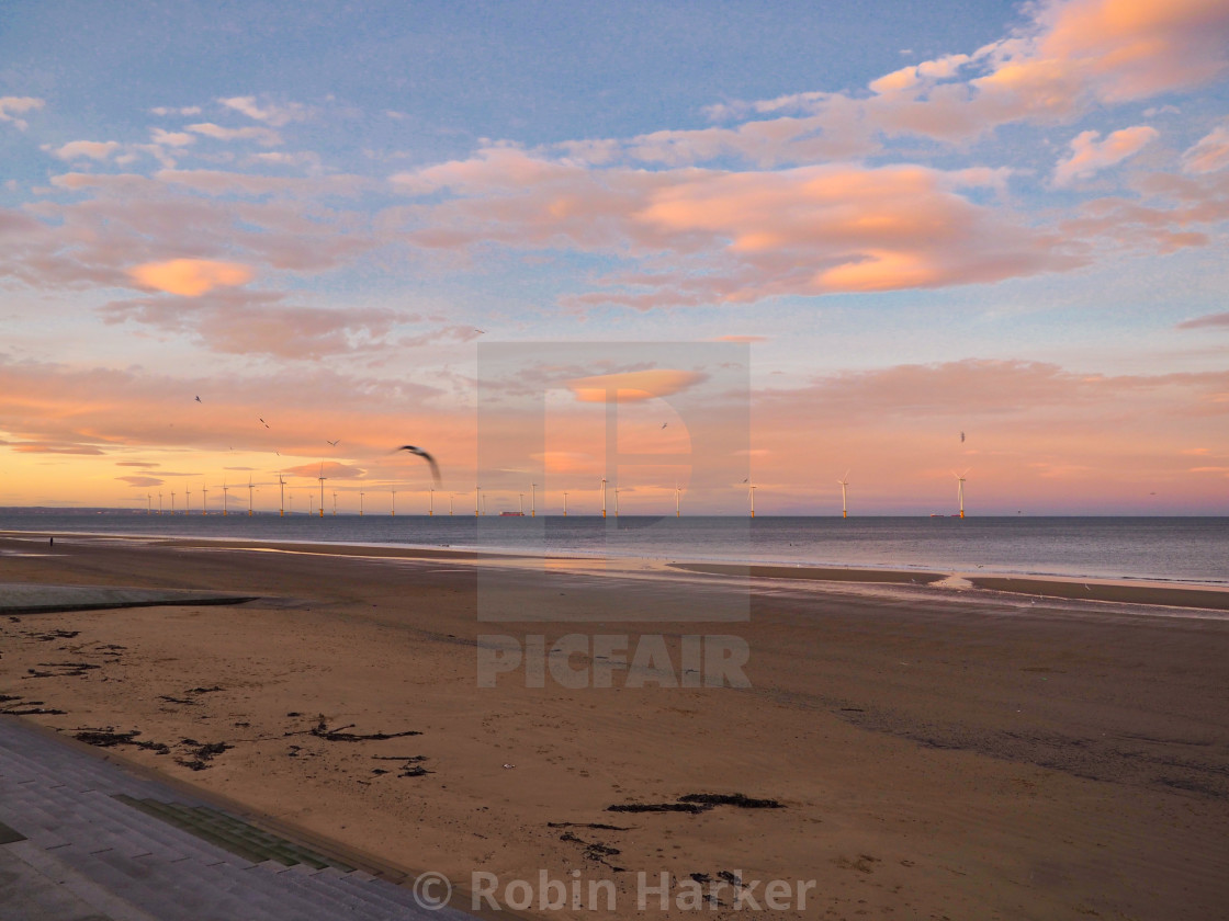 "December Sunset on Redcar Beach,Cleveland,UK." stock image