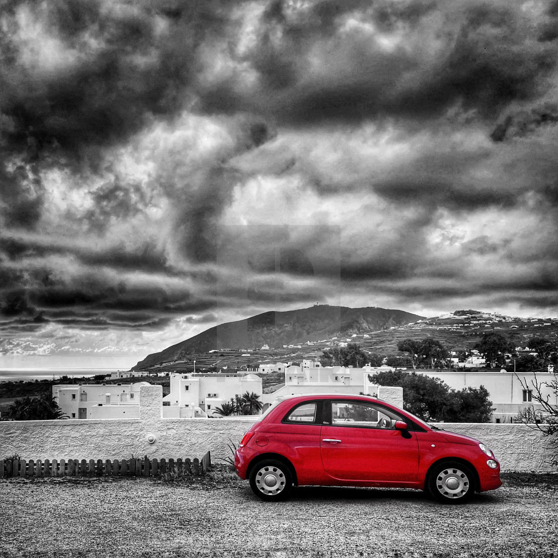 "Red Fiat 500 in Santorini" stock image