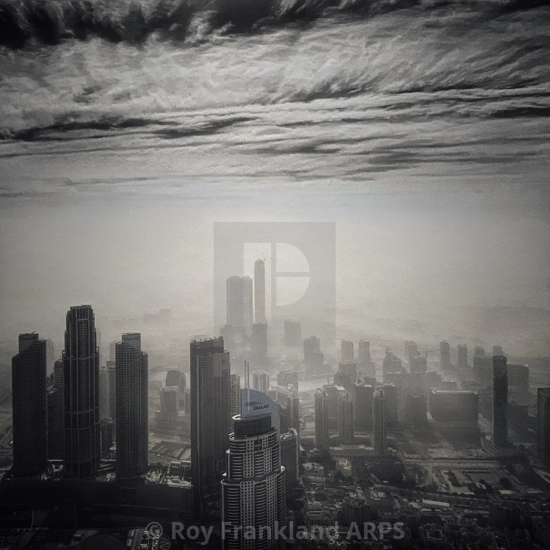 "Downtown Dubai in a sandstorm - mono" stock image