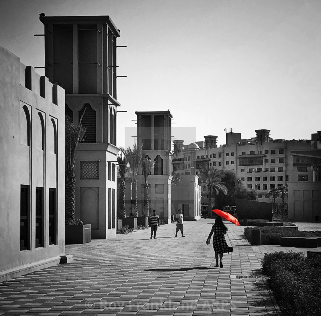 "Red umbrella in Dubai - mono" stock image