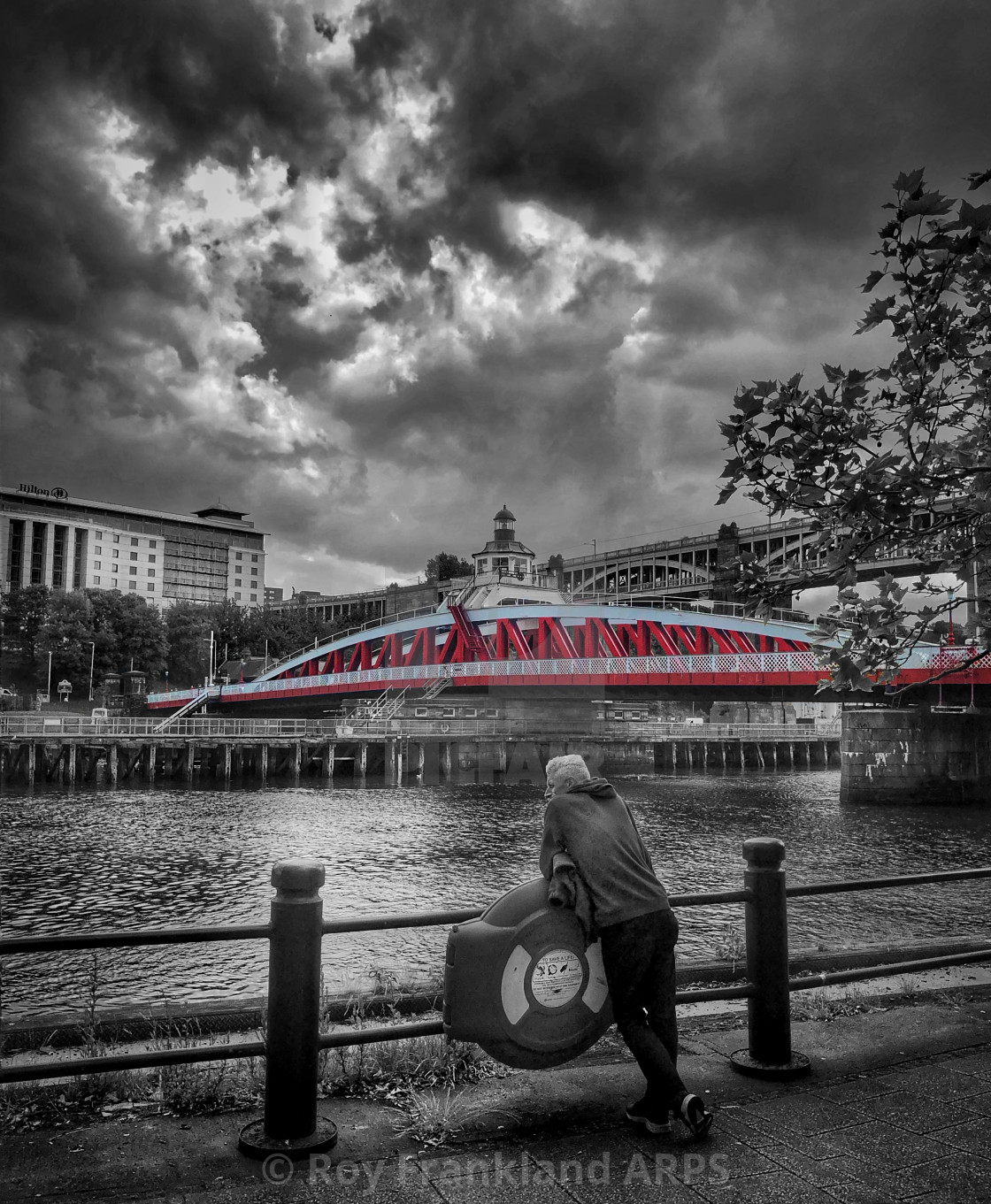 "Swing bridge over the Tyne, selective colour" stock image