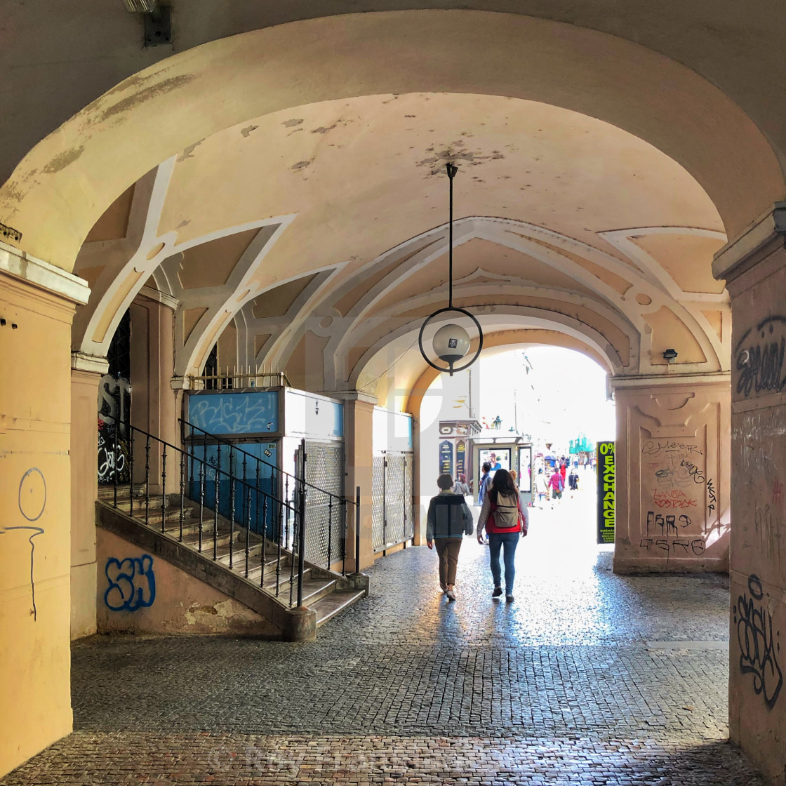 "Walking under the arches, Prague" stock image