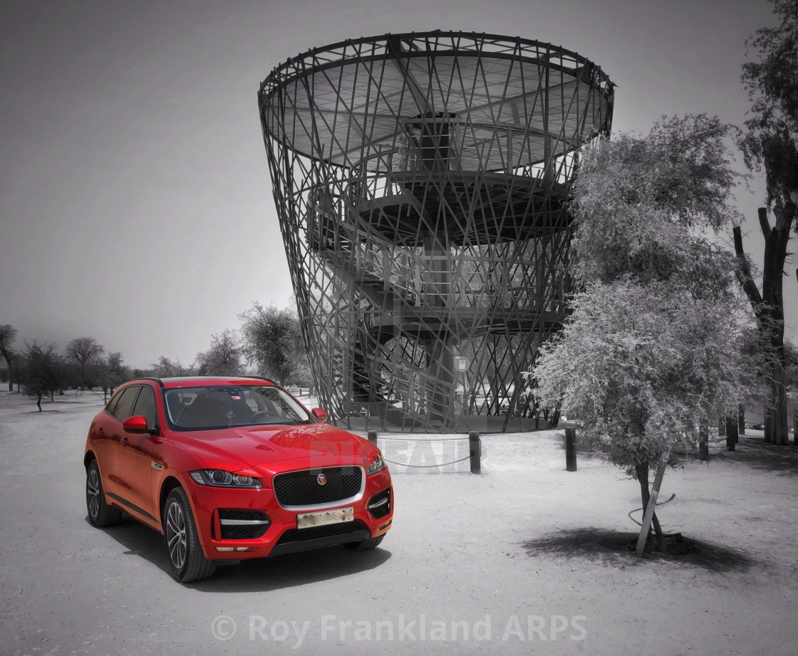 "Red Jaguar F-Pace R-Sport in the desert" stock image