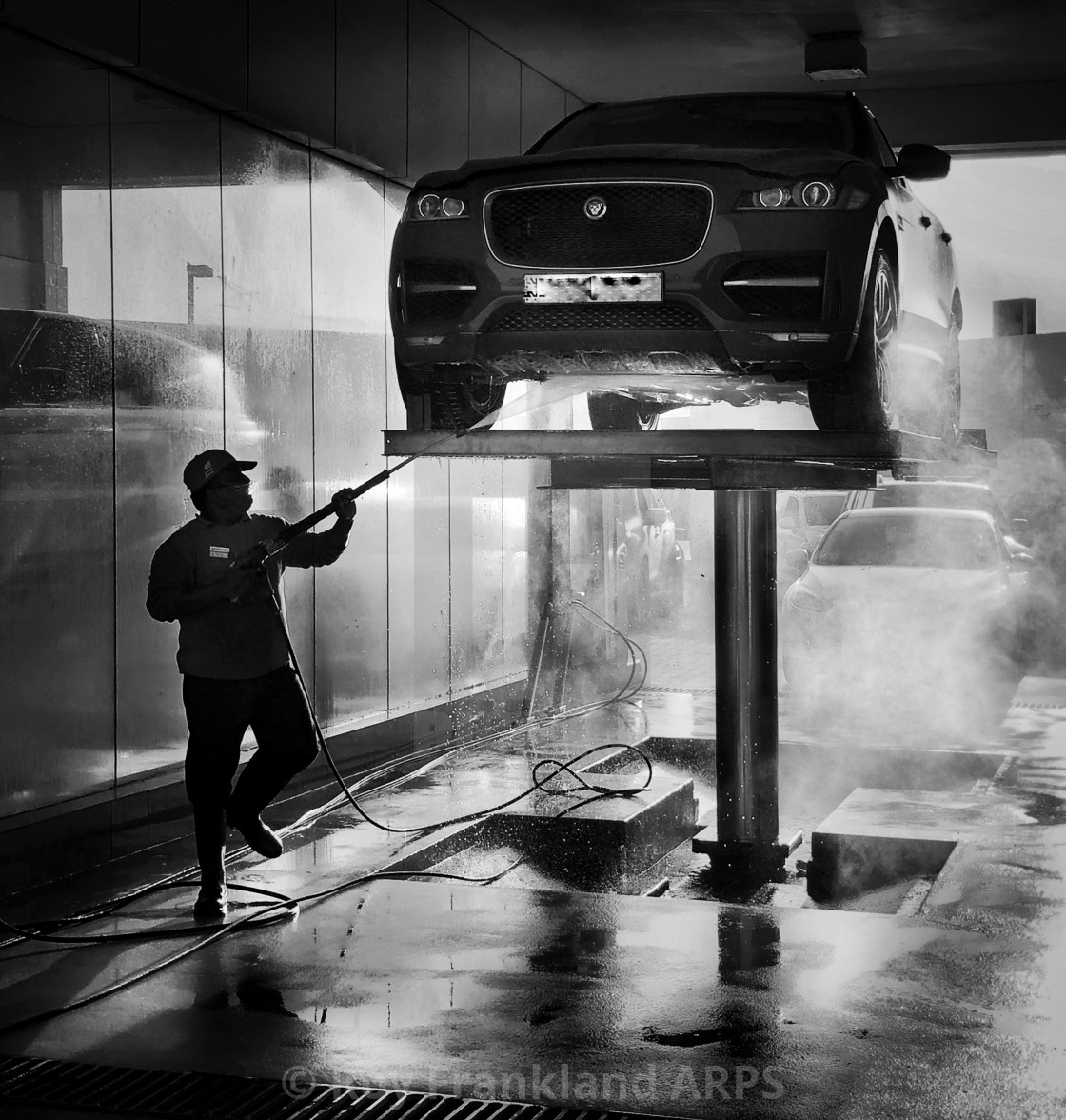 "Jaguar at the car wash, mono" stock image