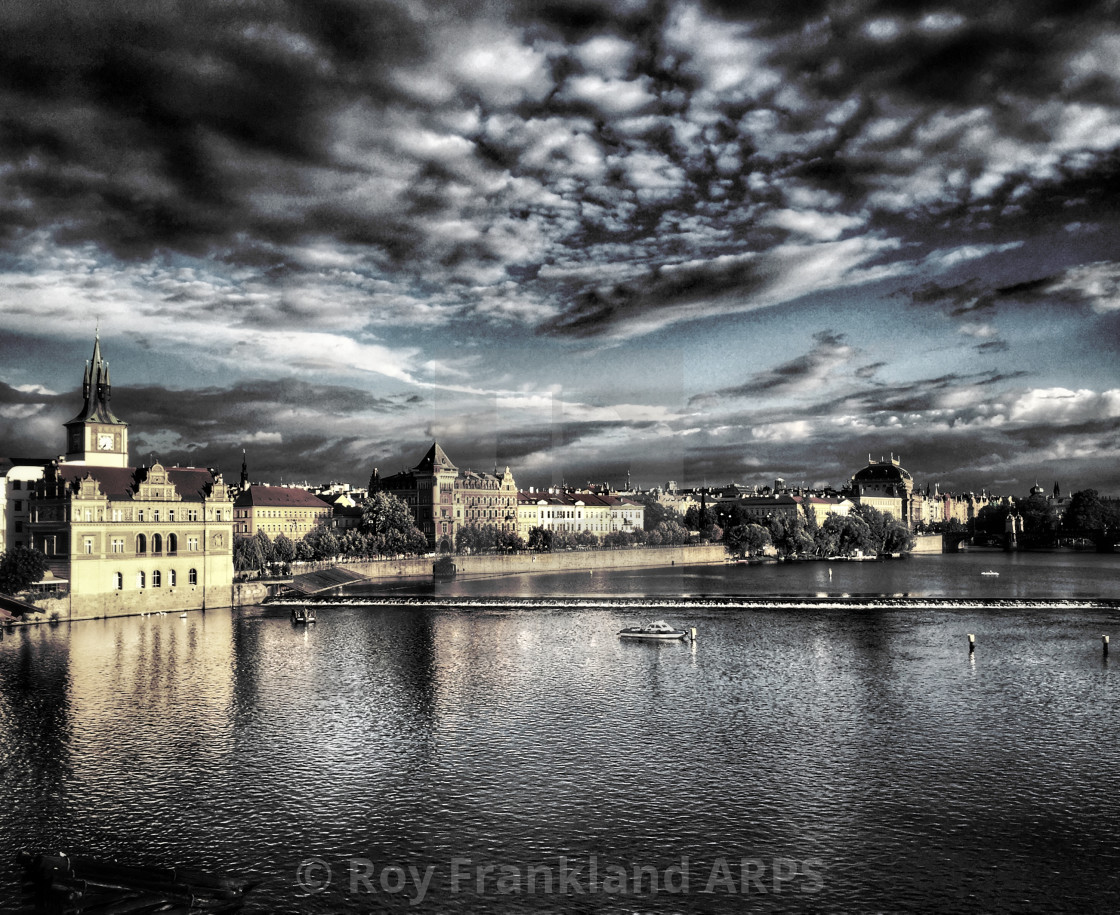 "Prague City reflected in the Vltava River" stock image