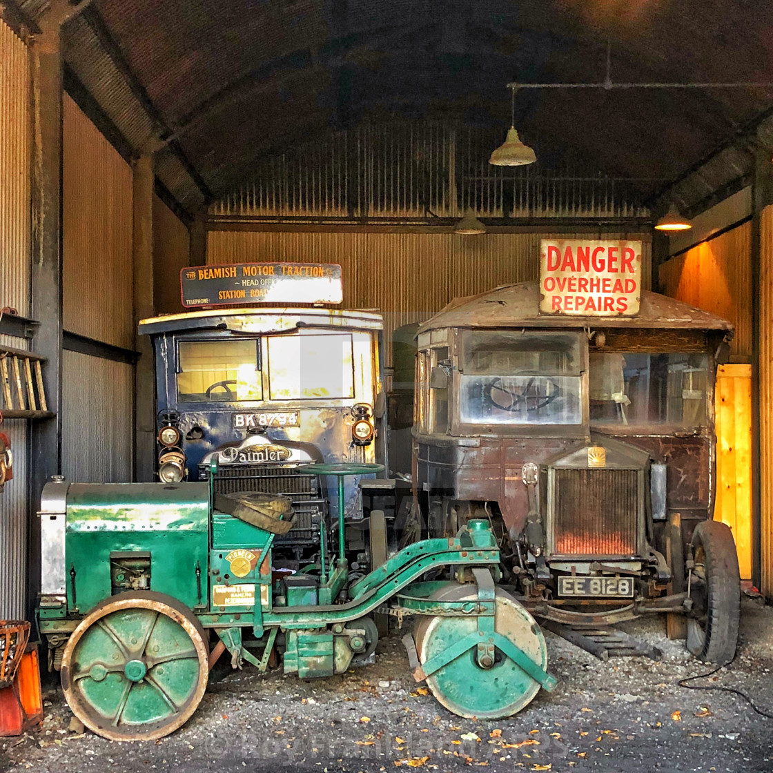 "Vintage steam roller and trucks at Beamish" stock image