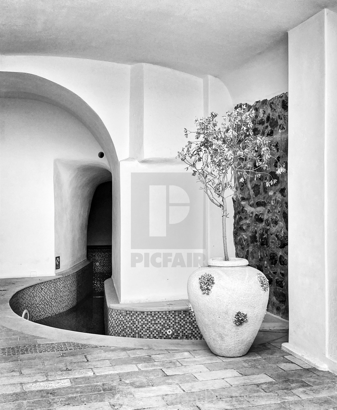 "Greek urn with plant, Fira, mono" stock image